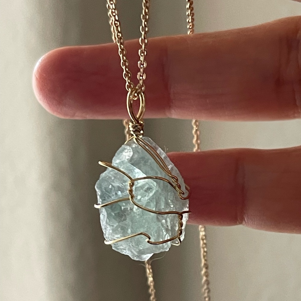 Wire wrapped natural green fluorite crystal pendant and gold tone metal chain